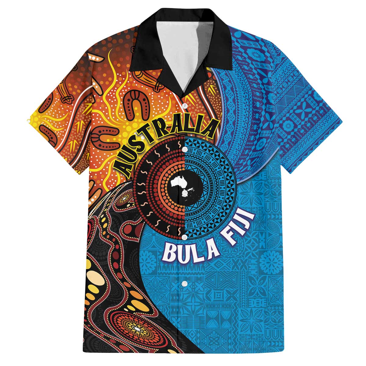 Fiji and Australia Together Family Matching Off Shoulder Short Dress and Hawaiian Shirt Tapa Tribal Tattoo mix Aboriginal Pattern LT03 Dad's Shirt - Short Sleeve Black - Polynesian Pride