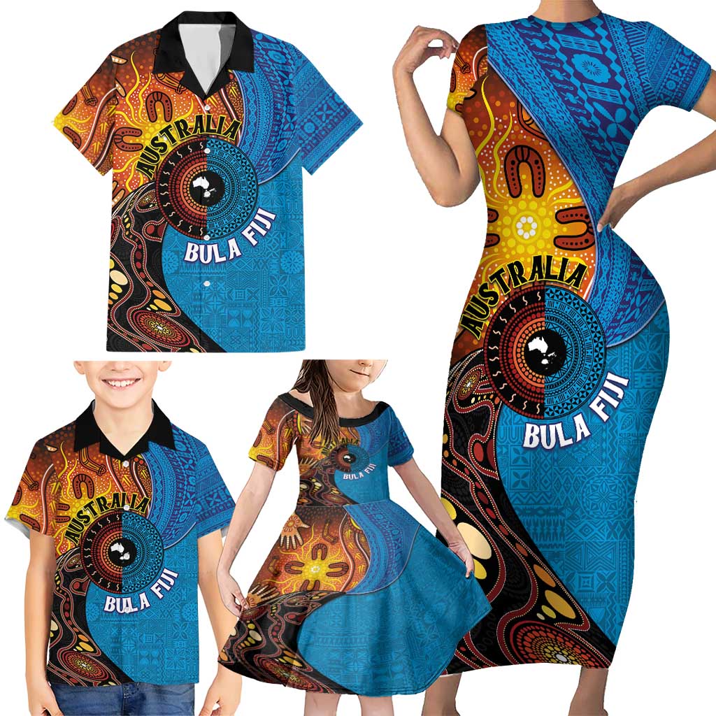 Fiji and Australia Together Family Matching Short Sleeve Bodycon Dress and Hawaiian Shirt Tapa Tribal Tattoo mix Aboriginal Pattern LT03 - Polynesian Pride