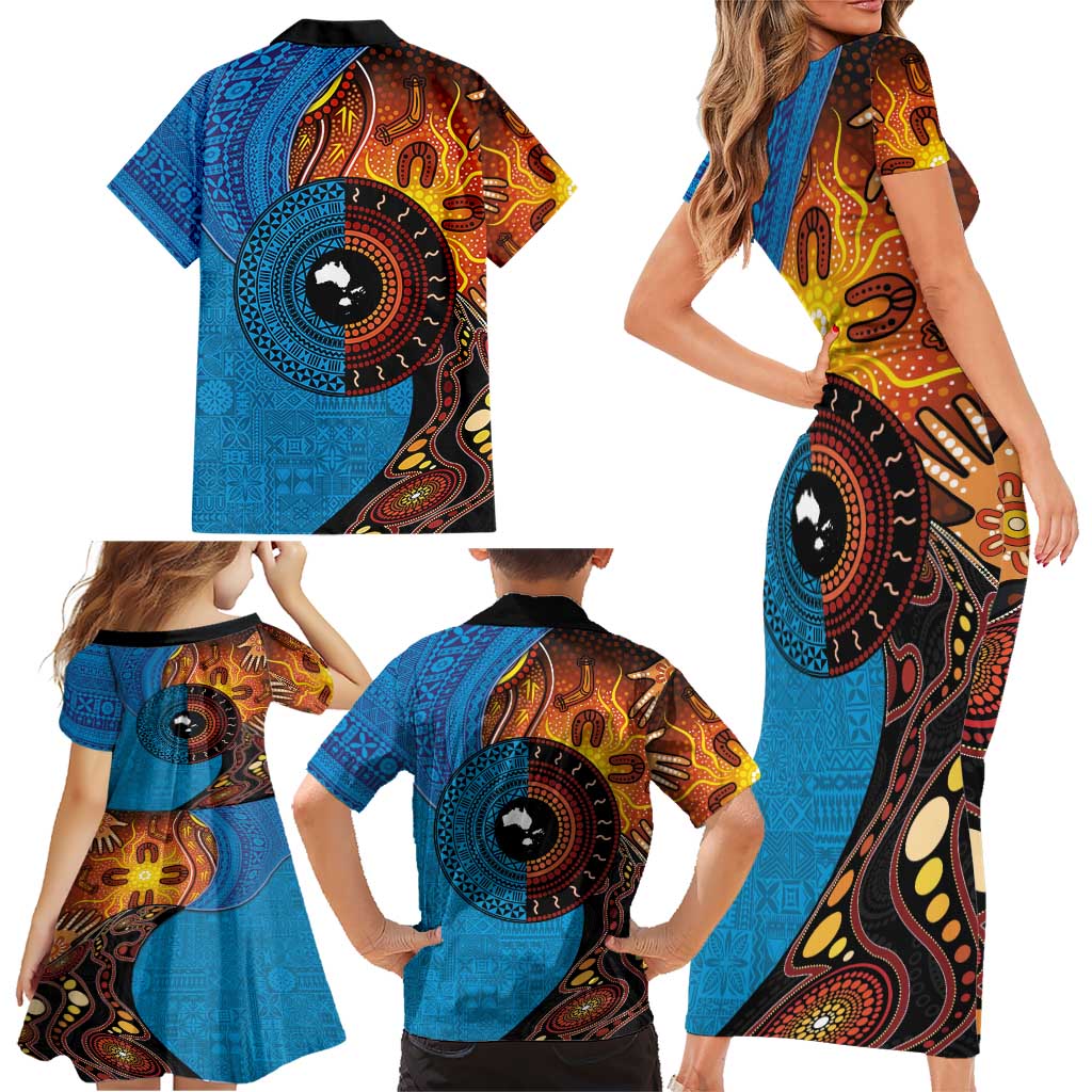 Fiji and Australia Together Family Matching Short Sleeve Bodycon Dress and Hawaiian Shirt Tapa Tribal Tattoo mix Aboriginal Pattern LT03 - Polynesian Pride