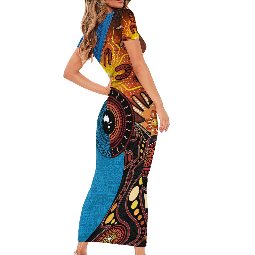 Fiji and Australia Together Family Matching Short Sleeve Bodycon Dress and Hawaiian Shirt Tapa Tribal Tattoo mix Aboriginal Pattern LT03 - Polynesian Pride
