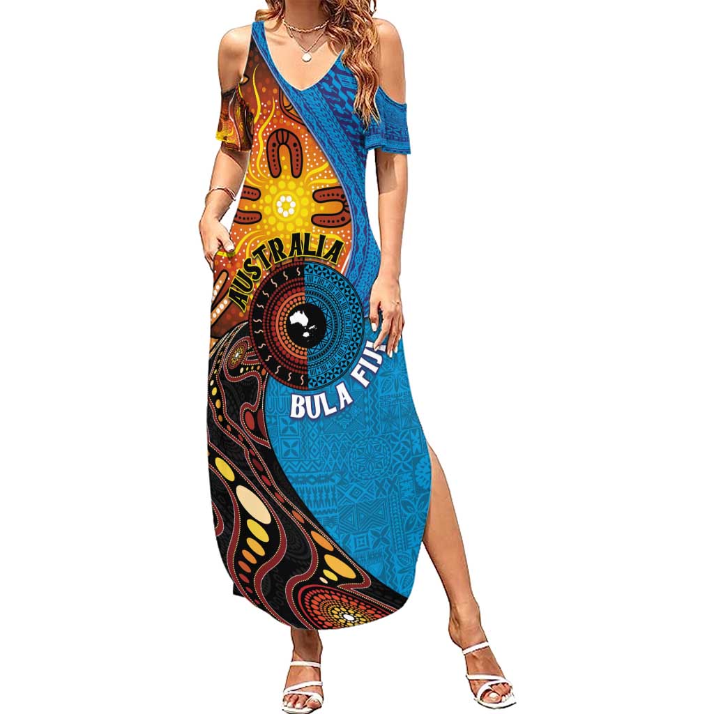 Fiji and Australia Together Family Matching Summer Maxi Dress and Hawaiian Shirt Tapa Tribal Tattoo mix Aboriginal Pattern LT03 Mom's Dress Black - Polynesian Pride