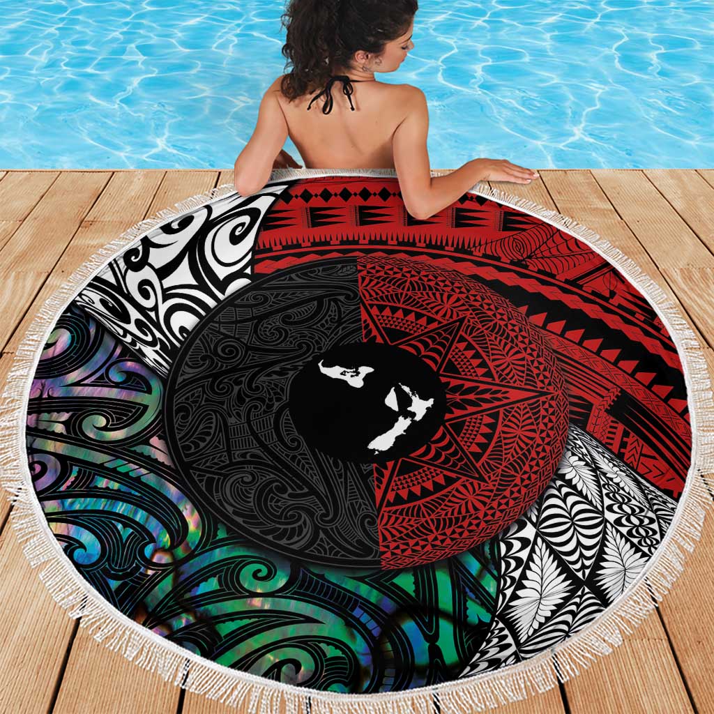 Tonga and New Zealand Together Beach Blanket Tongan Kupesi Ngatu Tattoo and Maori Paua Shell Pattern