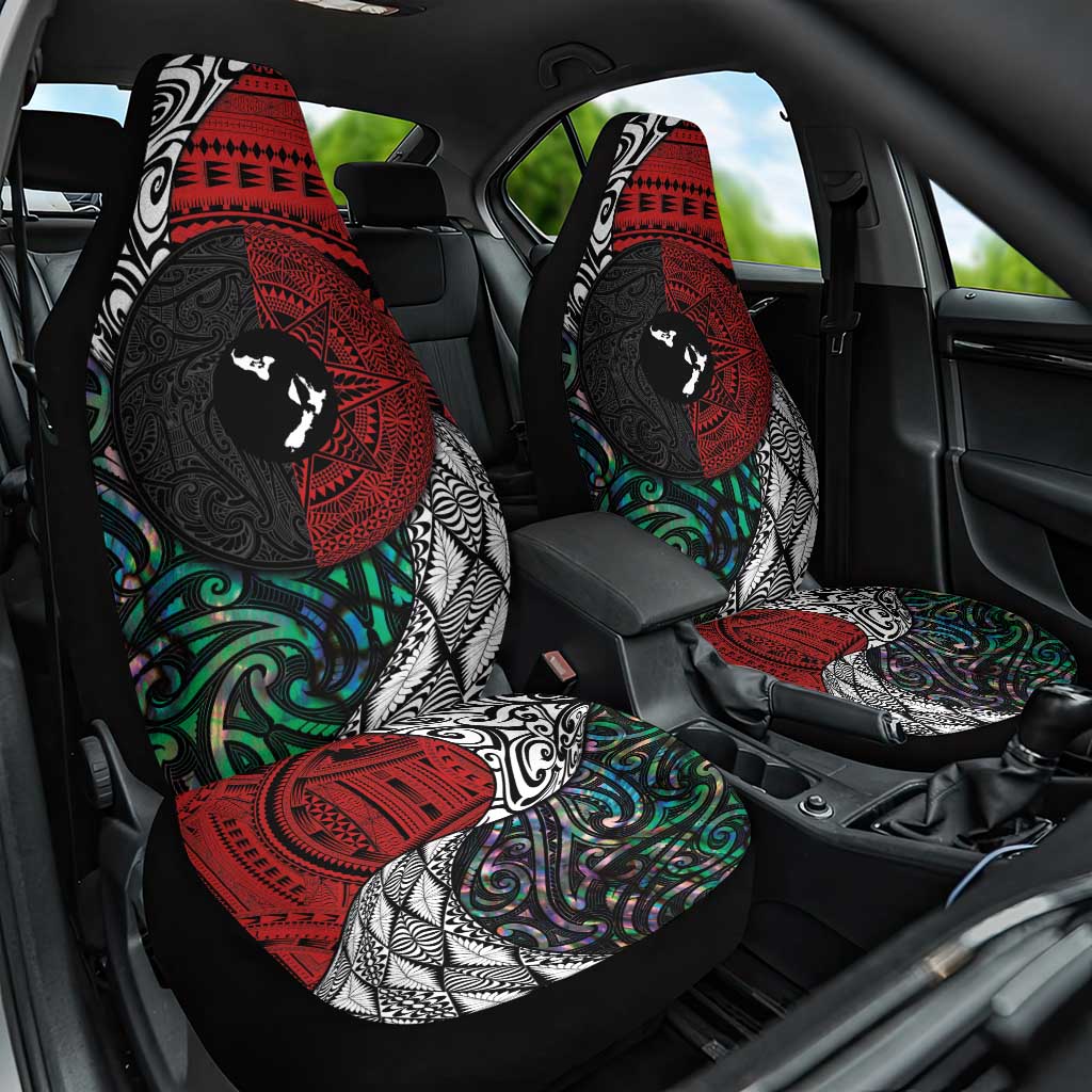Tonga and New Zealand Together Car Seat Cover Tongan Kupesi Ngatu Tattoo and Maori Paua Shell Pattern LT03 One Size Black - Polynesian Pride