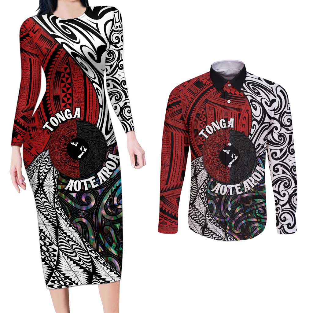 Tonga and New Zealand Together Couples Matching Long Sleeve Bodycon Dress and Long Sleeve Button Shirt Tongan Kupesi Ngatu Tattoo and Maori Paua Shell Pattern LT03 Black - Polynesian Pride