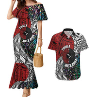 Tonga and New Zealand Together Couples Matching Mermaid Dress and Hawaiian Shirt Tongan Kupesi Ngatu Tattoo and Maori Paua Shell Pattern LT03 Black - Polynesian Pride