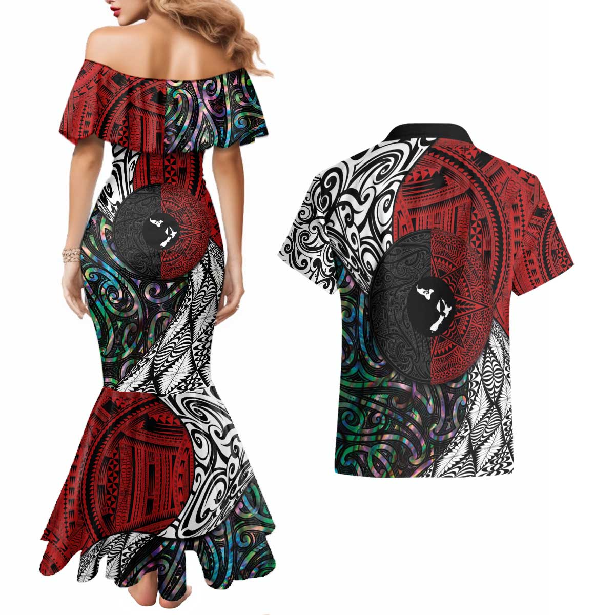 Tonga and New Zealand Together Couples Matching Mermaid Dress and Hawaiian Shirt Tongan Kupesi Ngatu Tattoo and Maori Paua Shell Pattern LT03 - Polynesian Pride