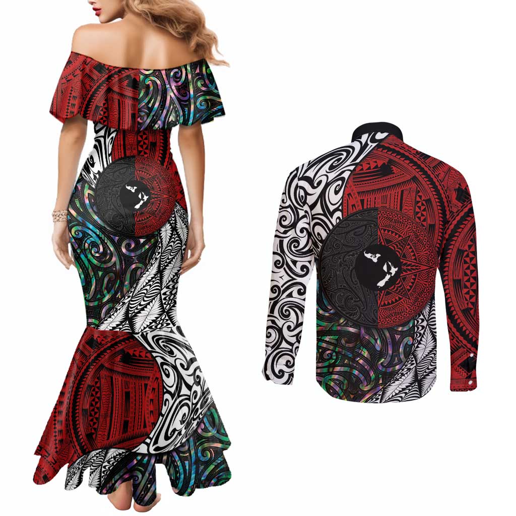Tonga and New Zealand Together Couples Matching Mermaid Dress and Long Sleeve Button Shirt Tongan Kupesi Ngatu Tattoo and Maori Paua Shell Pattern LT03 - Polynesian Pride