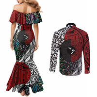 Tonga and New Zealand Together Couples Matching Mermaid Dress and Long Sleeve Button Shirt Tongan Kupesi Ngatu Tattoo and Maori Paua Shell Pattern LT03 - Polynesian Pride