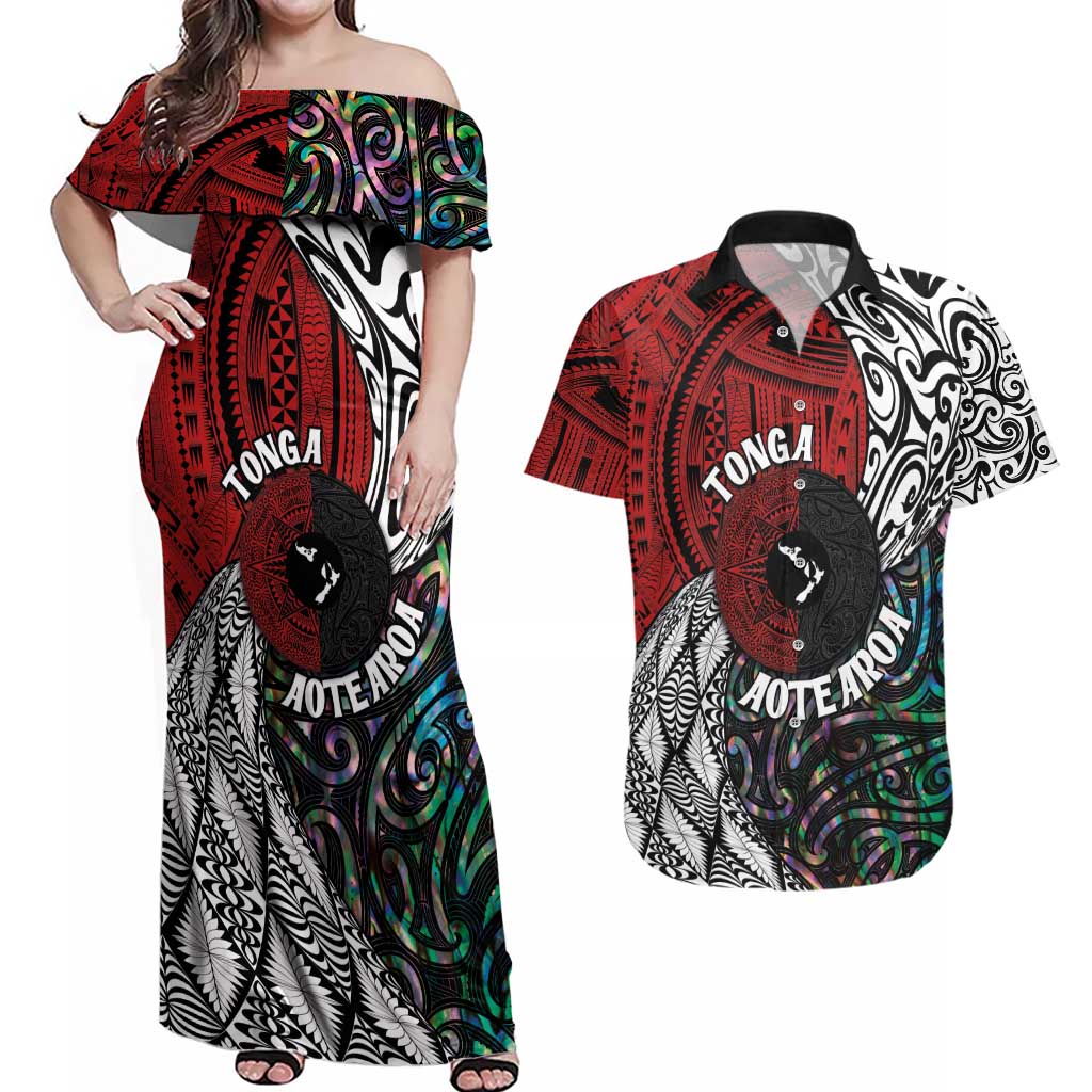 Tonga and New Zealand Together Couples Matching Off Shoulder Maxi Dress and Hawaiian Shirt Tongan Kupesi Ngatu Tattoo and Maori Paua Shell Pattern LT03 Black - Polynesian Pride