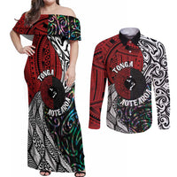 Tonga and New Zealand Together Couples Matching Off Shoulder Maxi Dress and Long Sleeve Button Shirt Tongan Kupesi Ngatu Tattoo and Maori Paua Shell Pattern LT03 Black - Polynesian Pride