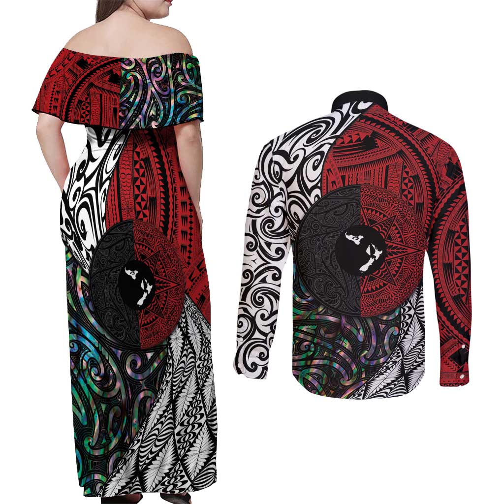 Tonga and New Zealand Together Couples Matching Off Shoulder Maxi Dress and Long Sleeve Button Shirt Tongan Kupesi Ngatu Tattoo and Maori Paua Shell Pattern LT03 - Polynesian Pride