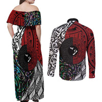 Tonga and New Zealand Together Couples Matching Off Shoulder Maxi Dress and Long Sleeve Button Shirt Tongan Kupesi Ngatu Tattoo and Maori Paua Shell Pattern LT03 - Polynesian Pride