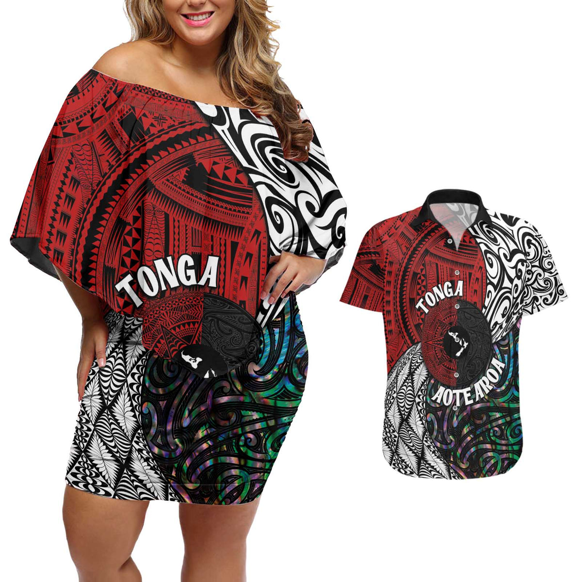 Tonga and New Zealand Together Couples Matching Off Shoulder Short Dress and Hawaiian Shirt Tongan Kupesi Ngatu Tattoo and Maori Paua Shell Pattern LT03 Black - Polynesian Pride