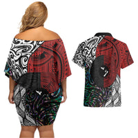 Tonga and New Zealand Together Couples Matching Off Shoulder Short Dress and Hawaiian Shirt Tongan Kupesi Ngatu Tattoo and Maori Paua Shell Pattern LT03 - Polynesian Pride