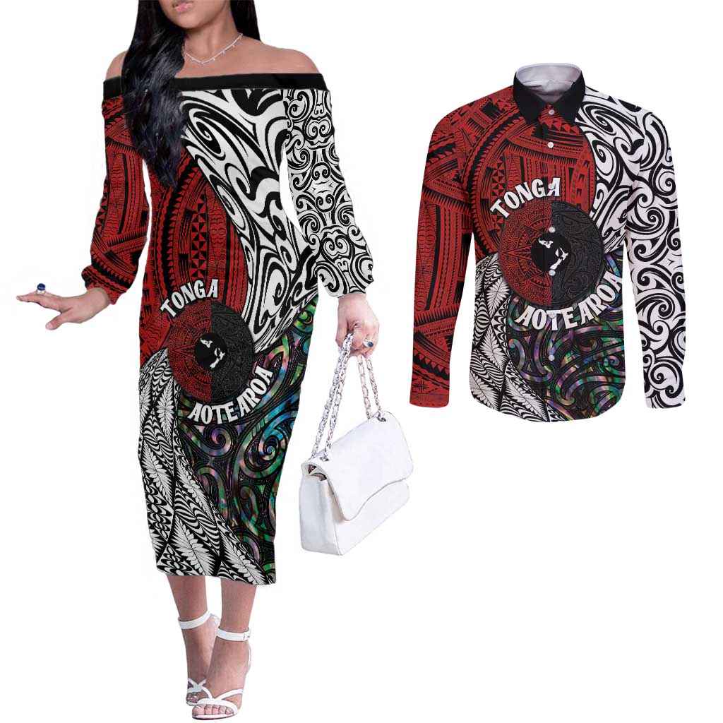 Tonga and New Zealand Together Couples Matching Off The Shoulder Long Sleeve Dress and Long Sleeve Button Shirt Tongan Kupesi Ngatu Tattoo and Maori Paua Shell Pattern LT03 Black - Polynesian Pride