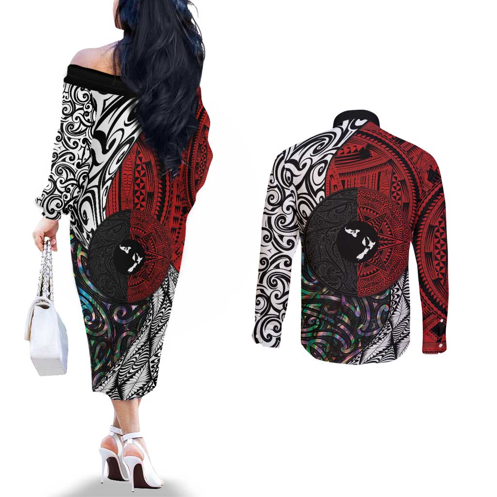 Tonga and New Zealand Together Couples Matching Off The Shoulder Long Sleeve Dress and Long Sleeve Button Shirt Tongan Kupesi Ngatu Tattoo and Maori Paua Shell Pattern LT03 - Polynesian Pride