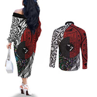 Tonga and New Zealand Together Couples Matching Off The Shoulder Long Sleeve Dress and Long Sleeve Button Shirt Tongan Kupesi Ngatu Tattoo and Maori Paua Shell Pattern LT03 - Polynesian Pride