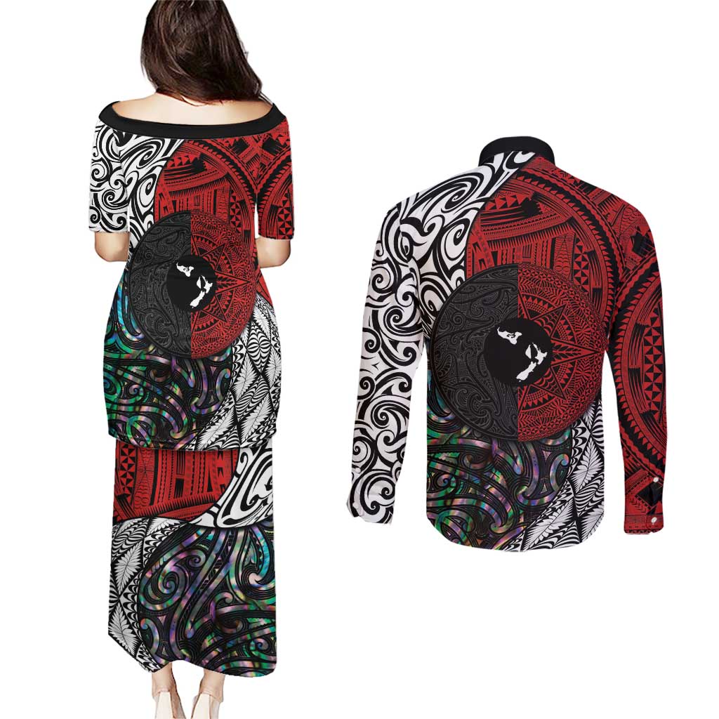 Tonga and New Zealand Together Couples Matching Puletasi and Long Sleeve Button Shirt Tongan Kupesi Ngatu Tattoo and Maori Paua Shell Pattern LT03 - Polynesian Pride