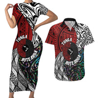 Tonga and New Zealand Together Couples Matching Short Sleeve Bodycon Dress and Hawaiian Shirt Tongan Kupesi Ngatu Tattoo and Maori Paua Shell Pattern LT03 Black - Polynesian Pride