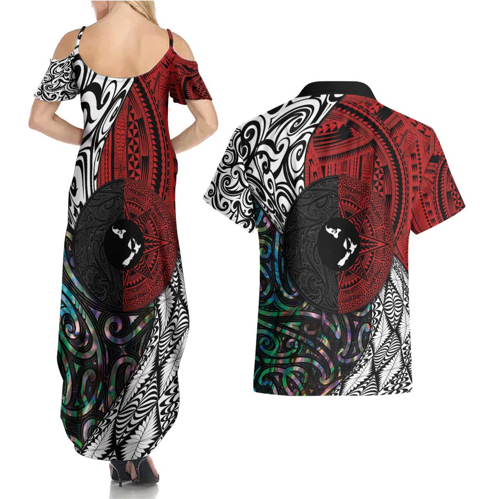 Tonga and New Zealand Together Couples Matching Summer Maxi Dress and Hawaiian Shirt Tongan Kupesi Ngatu Tattoo and Maori Paua Shell Pattern LT03 - Polynesian Pride
