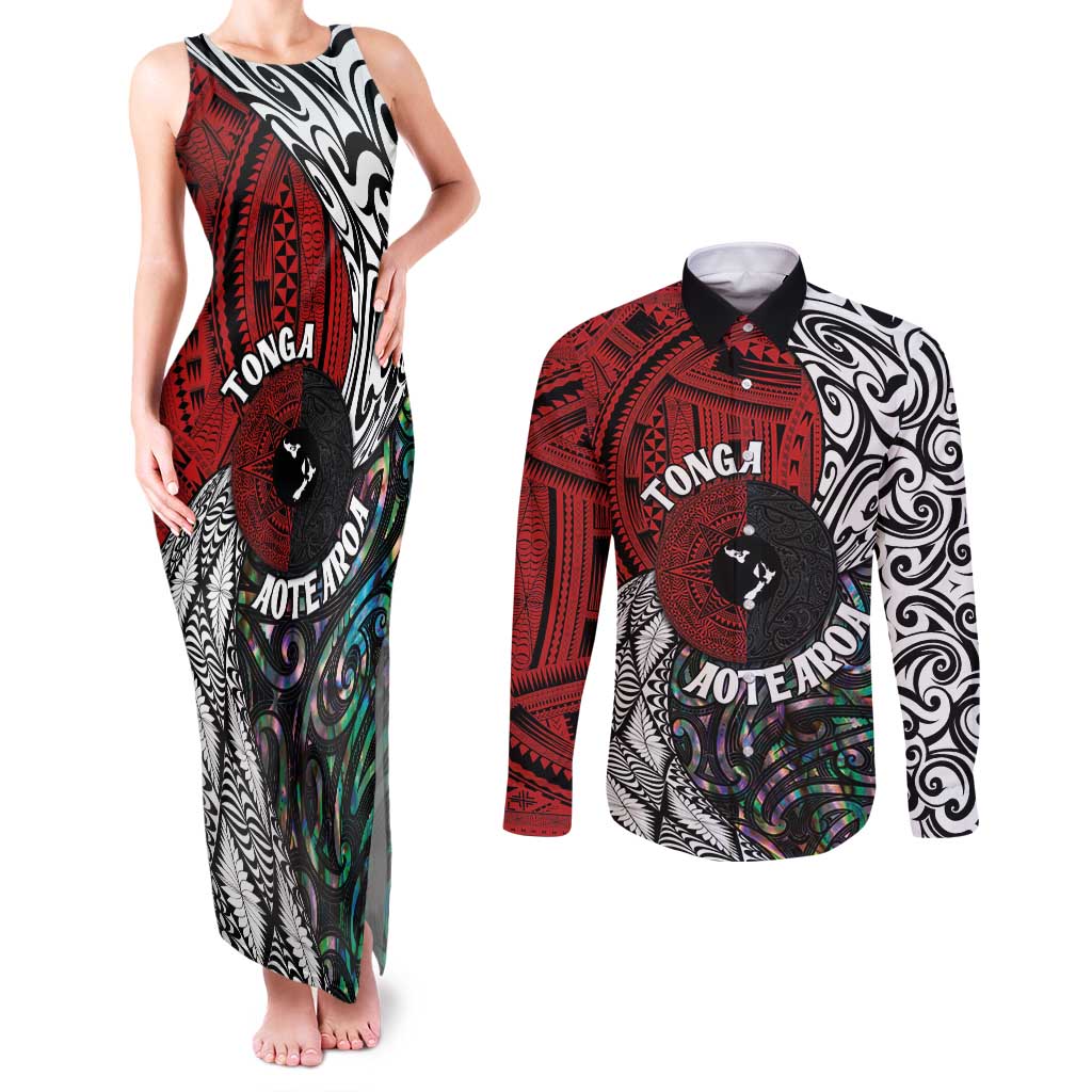 Tonga and New Zealand Together Couples Matching Tank Maxi Dress and Long Sleeve Button Shirt Tongan Kupesi Ngatu Tattoo and Maori Paua Shell Pattern LT03 Black - Polynesian Pride