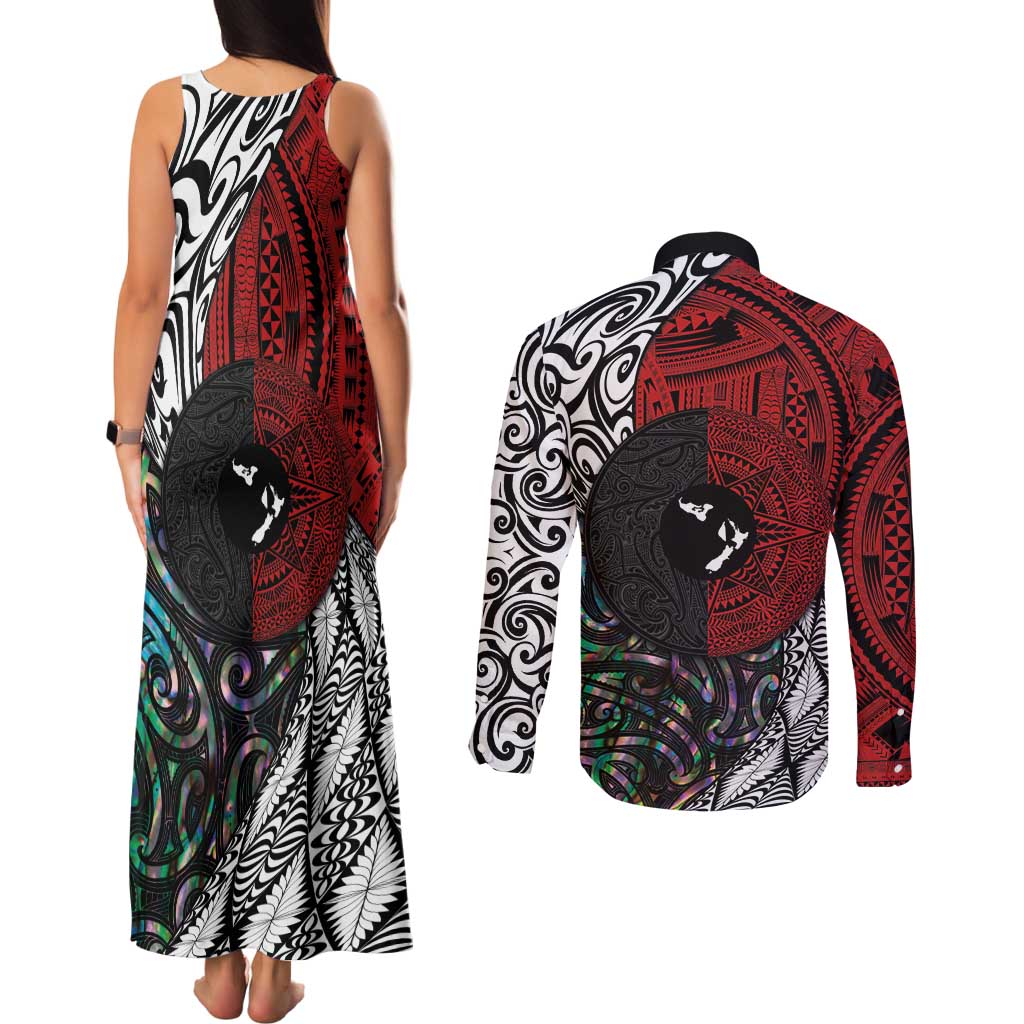 Tonga and New Zealand Together Couples Matching Tank Maxi Dress and Long Sleeve Button Shirt Tongan Kupesi Ngatu Tattoo and Maori Paua Shell Pattern LT03 - Polynesian Pride