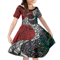 Tonga and New Zealand Together Family Matching Long Sleeve Bodycon Dress and Hawaiian Shirt Tongan Kupesi Ngatu Tattoo and Maori Paua Shell Pattern LT03 Daughter's Dress Black - Polynesian Pride