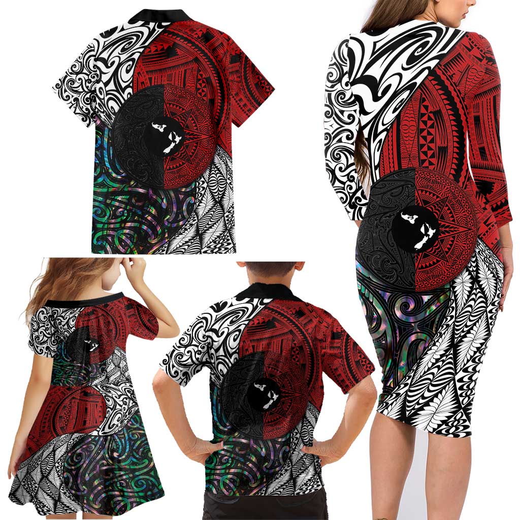 Tonga and New Zealand Together Family Matching Long Sleeve Bodycon Dress and Hawaiian Shirt Tongan Kupesi Ngatu Tattoo and Maori Paua Shell Pattern LT03 - Polynesian Pride