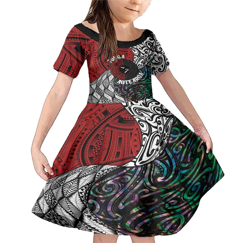 Tonga and New Zealand Together Family Matching Mermaid Dress and Hawaiian Shirt Tongan Kupesi Ngatu Tattoo and Maori Paua Shell Pattern