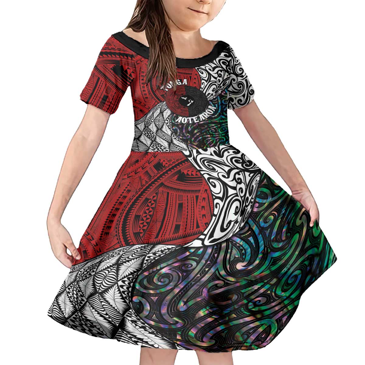 Tonga and New Zealand Together Family Matching Off The Shoulder Long Sleeve Dress and Hawaiian Shirt Tongan Kupesi Ngatu Tattoo and Maori Paua Shell Pattern LT03 Daughter's Dress Black - Polynesian Pride