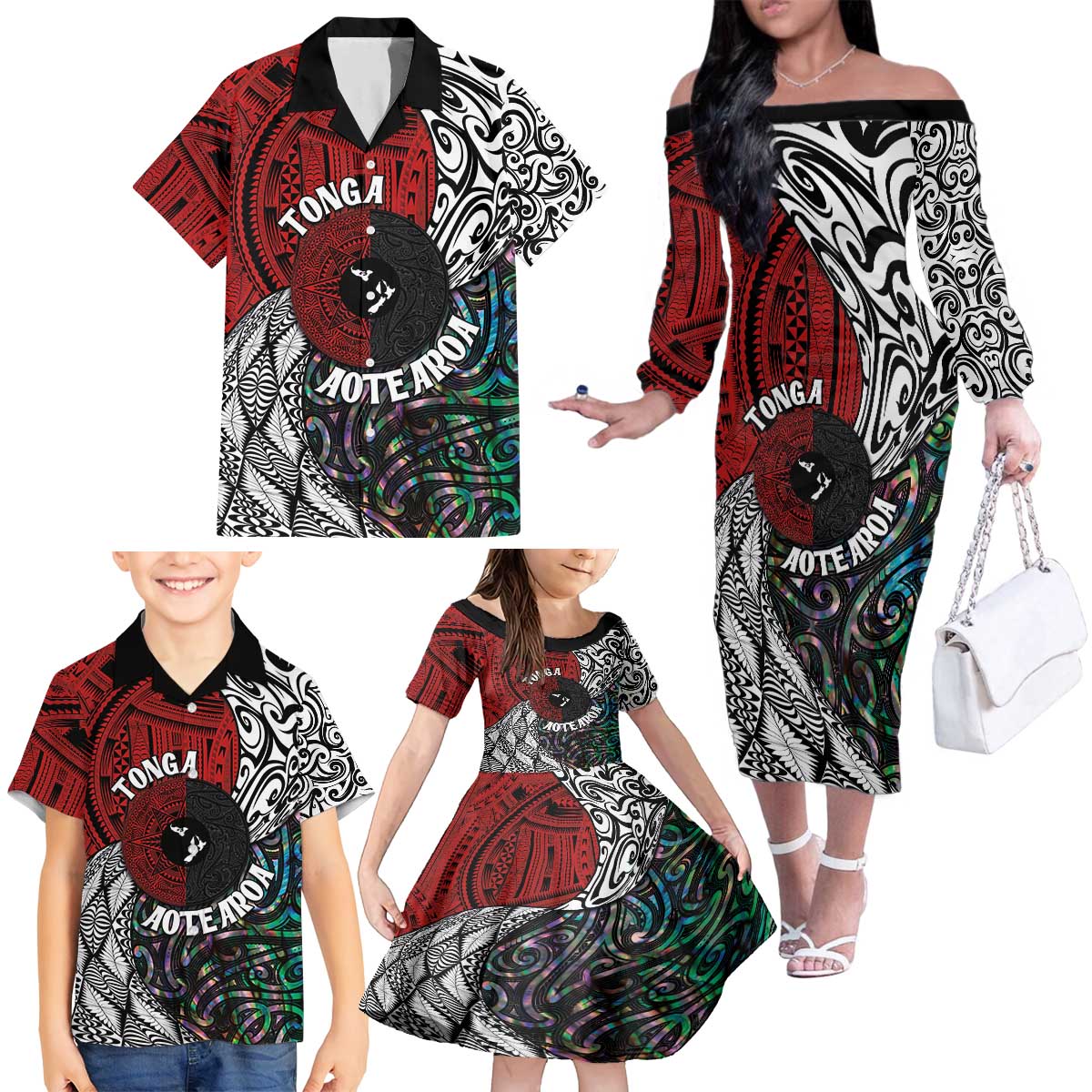 Tonga and New Zealand Together Family Matching Off The Shoulder Long Sleeve Dress and Hawaiian Shirt Tongan Kupesi Ngatu Tattoo and Maori Paua Shell Pattern LT03 - Polynesian Pride