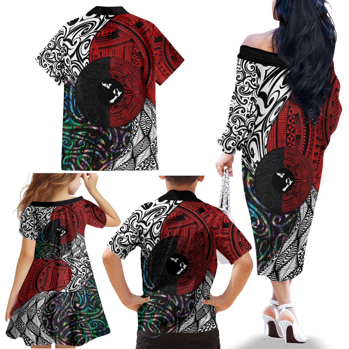 Tonga and New Zealand Together Family Matching Off The Shoulder Long Sleeve Dress and Hawaiian Shirt Tongan Kupesi Ngatu Tattoo and Maori Paua Shell Pattern LT03 - Polynesian Pride