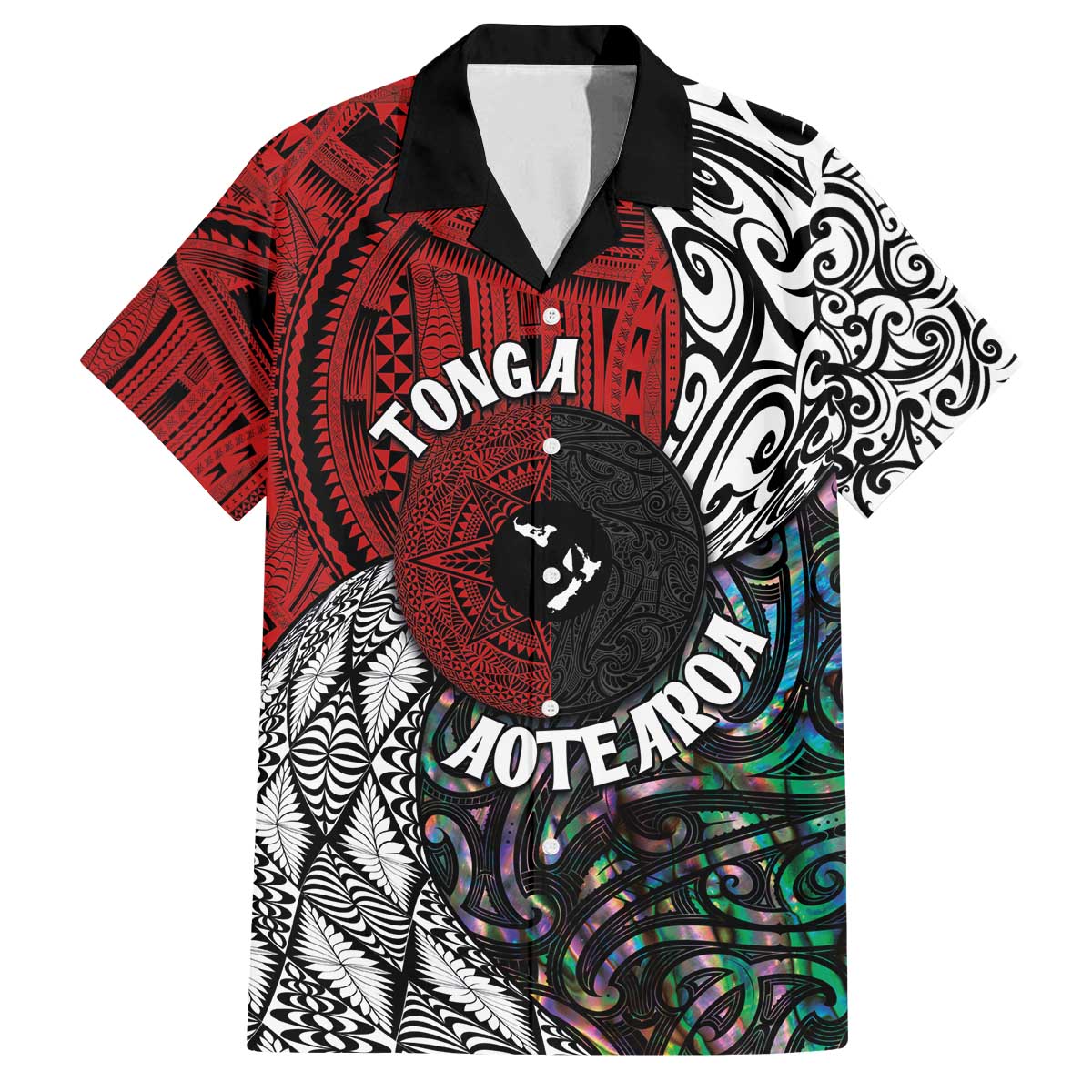 Tonga and New Zealand Together Family Matching Off The Shoulder Long Sleeve Dress and Hawaiian Shirt Tongan Kupesi Ngatu Tattoo and Maori Paua Shell Pattern LT03 Dad's Shirt - Short Sleeve Black - Polynesian Pride