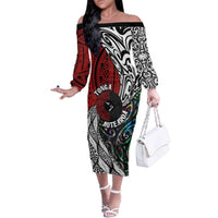 Tonga and New Zealand Together Family Matching Off The Shoulder Long Sleeve Dress and Hawaiian Shirt Tongan Kupesi Ngatu Tattoo and Maori Paua Shell Pattern LT03 Mom's Dress Black - Polynesian Pride