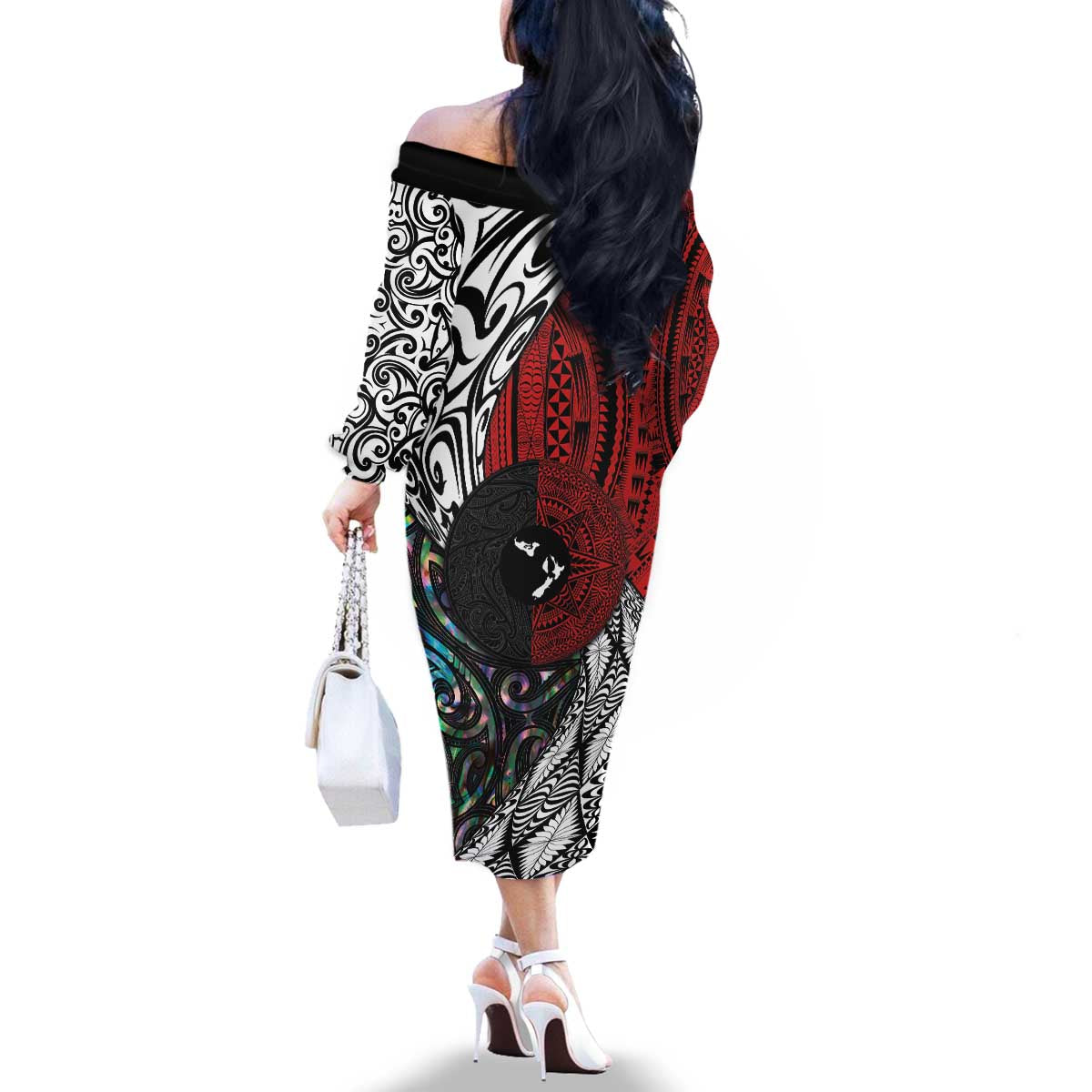 Tonga and New Zealand Together Family Matching Off The Shoulder Long Sleeve Dress and Hawaiian Shirt Tongan Kupesi Ngatu Tattoo and Maori Paua Shell Pattern LT03 - Polynesian Pride