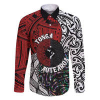Tonga and New Zealand Together Family Matching Off Shoulder Short Dress and Hawaiian Shirt Tongan Kupesi Ngatu Tattoo and Maori Paua Shell Pattern LT03 Dad's Shirt - Long Sleeve Black - Polynesian Pride