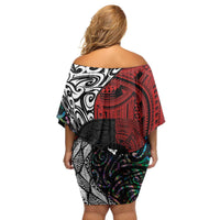 Tonga and New Zealand Together Family Matching Off Shoulder Short Dress and Hawaiian Shirt Tongan Kupesi Ngatu Tattoo and Maori Paua Shell Pattern LT03 - Polynesian Pride