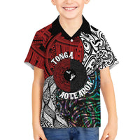 Tonga and New Zealand Together Family Matching Puletasi and Hawaiian Shirt Tongan Kupesi Ngatu Tattoo and Maori Paua Shell Pattern LT03 Son's Shirt Black - Polynesian Pride