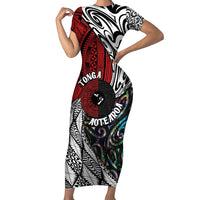 Tonga and New Zealand Together Family Matching Short Sleeve Bodycon Dress and Hawaiian Shirt Tongan Kupesi Ngatu Tattoo and Maori Paua Shell Pattern