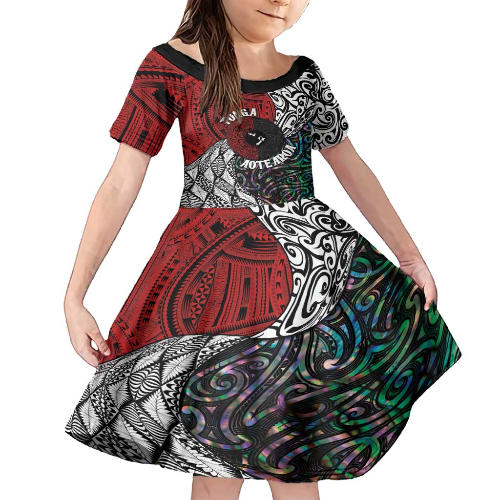 Tonga and New Zealand Together Family Matching Tank Maxi Dress and Hawaiian Shirt Tongan Kupesi Ngatu Tattoo and Maori Paua Shell Pattern LT03 Daughter's Dress Black - Polynesian Pride