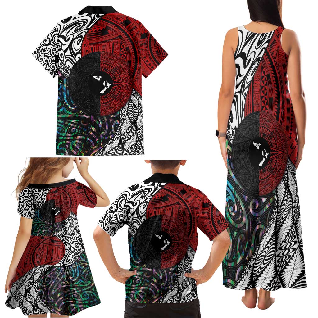 Tonga and New Zealand Together Family Matching Tank Maxi Dress and Hawaiian Shirt Tongan Kupesi Ngatu Tattoo and Maori Paua Shell Pattern LT03 - Polynesian Pride