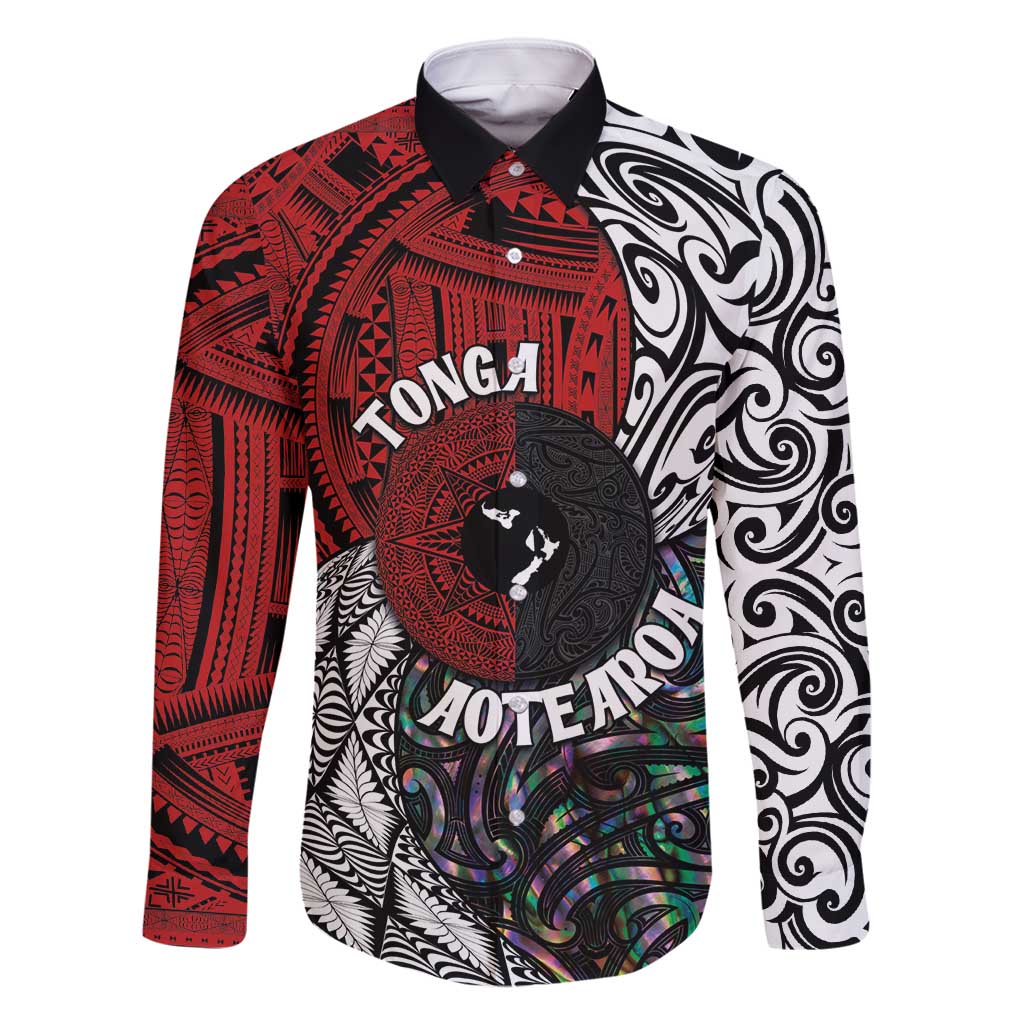 Tonga and New Zealand Together Family Matching Tank Maxi Dress and Hawaiian Shirt Tongan Kupesi Ngatu Tattoo and Maori Paua Shell Pattern LT03 Dad's Shirt - Long Sleeve Black - Polynesian Pride