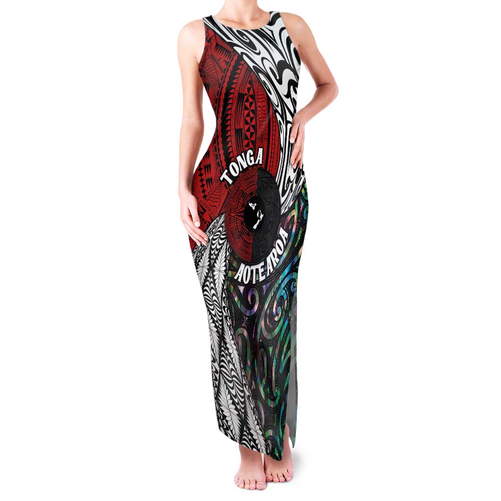 Tonga and New Zealand Together Family Matching Tank Maxi Dress and Hawaiian Shirt Tongan Kupesi Ngatu Tattoo and Maori Paua Shell Pattern LT03 Mom's Dress Black - Polynesian Pride