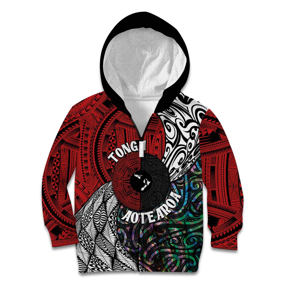 Tonga and New Zealand Together Kid Hoodie Tongan Kupesi Ngatu Tattoo and Maori Paua Shell Pattern LT03 Zip Hoodie Black - Polynesian Pride