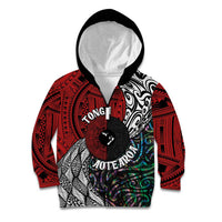 Tonga and New Zealand Together Kid Hoodie Tongan Kupesi Ngatu Tattoo and Maori Paua Shell Pattern LT03 Zip Hoodie Black - Polynesian Pride