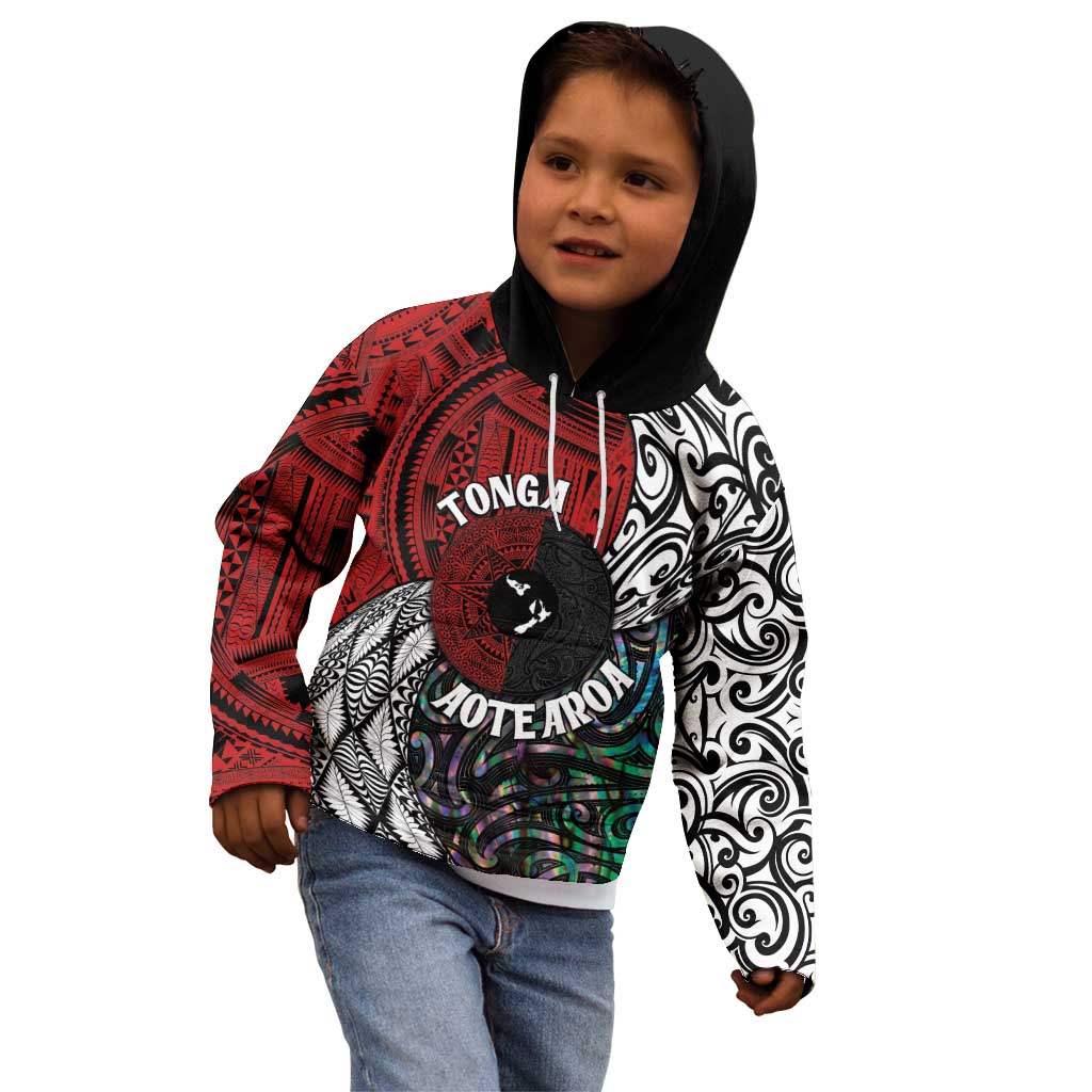 Tonga and New Zealand Together Kid Hoodie Tongan Kupesi Ngatu Tattoo and Maori Paua Shell Pattern LT03 - Polynesian Pride