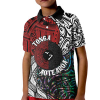 Tonga and New Zealand Together Kids Polo Shirt - Tongan Kupesi Ngatu Tattoo and Maori Paua Shell Pattern LT03 Kid Black - Polynesian Pride