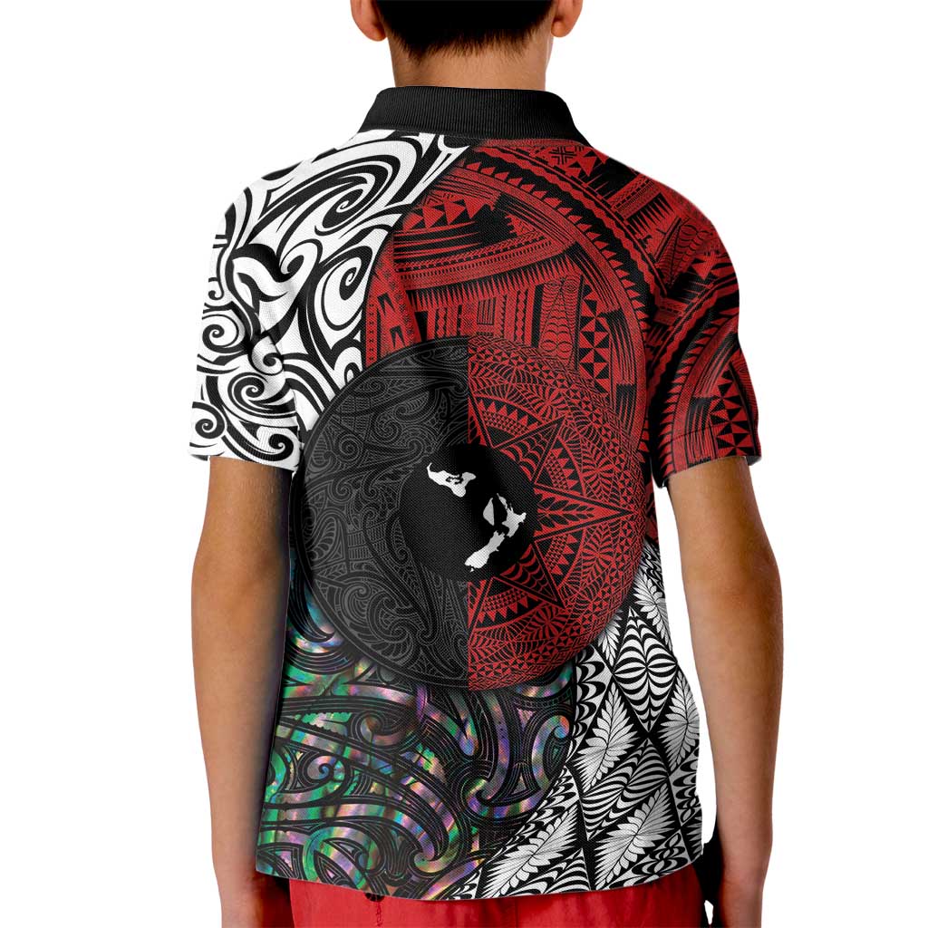 Tonga and New Zealand Together Kids Polo Shirt - Tongan Kupesi Ngatu Tattoo and Maori Paua Shell Pattern LT03 - Polynesian Pride