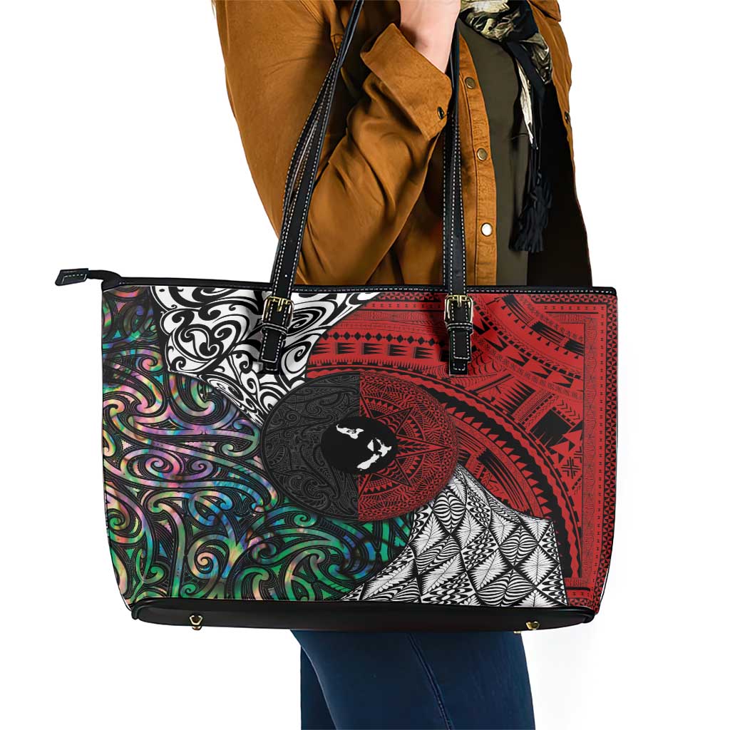 Tonga and New Zealand Together Leather Tote Bag Tongan Kupesi Ngatu Tattoo and Maori Paua Shell Pattern