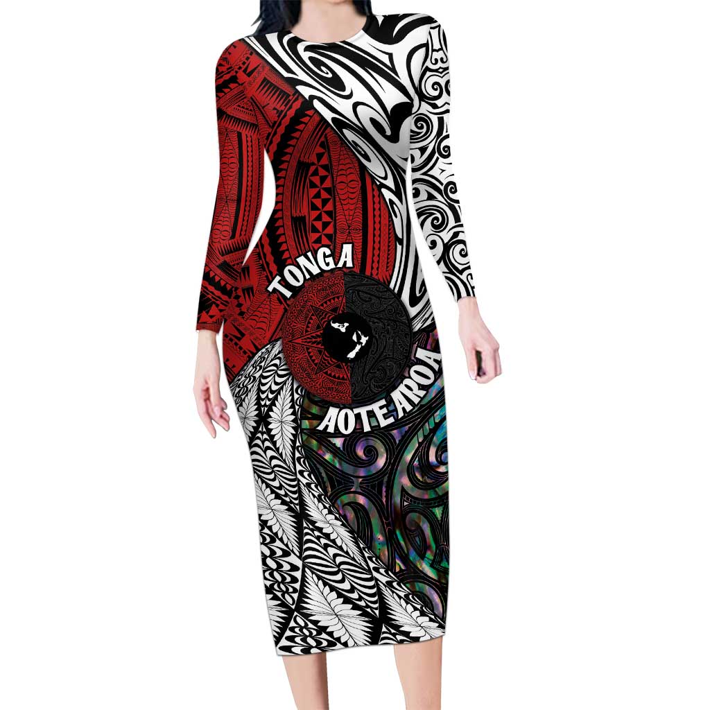 Tonga and New Zealand Together Long Sleeve Bodycon Dress Tongan Kupesi Ngatu Tattoo and Maori Paua Shell Pattern